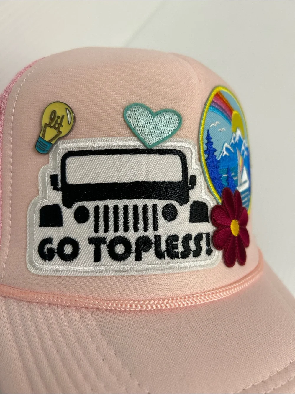 Go Topless Pink Patch Mesh Trucker Hat Mountian Scene Lit Lightbulb Pin